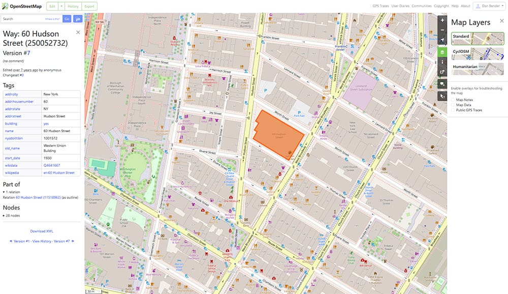 Searched for 60 Hudson Street in NYC shown in OpenStreetMaps