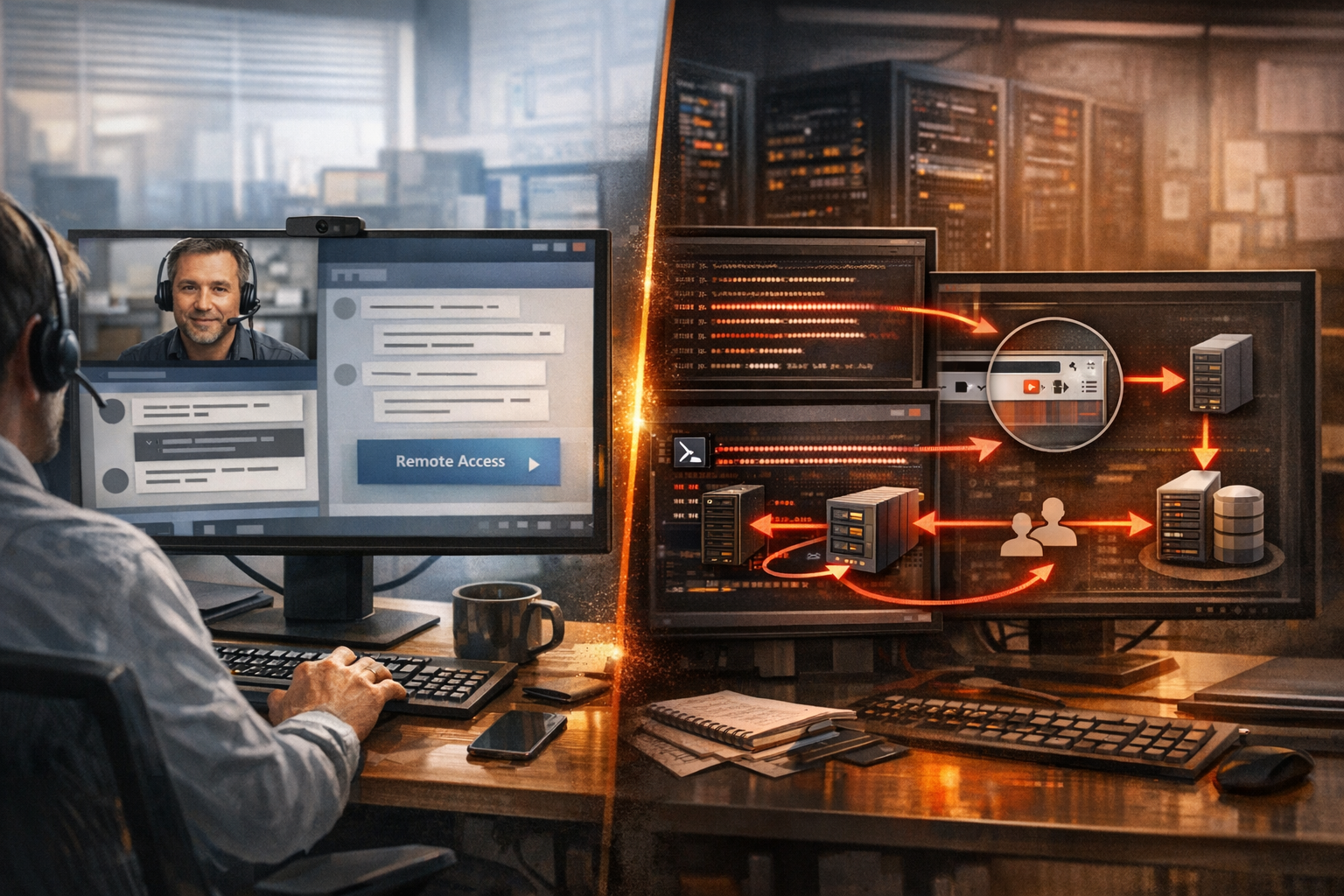 Enterprise workstation targeted through a fake Microsoft Teams help-desk call, with endpoint and domain-controller activity monitored by defenders
