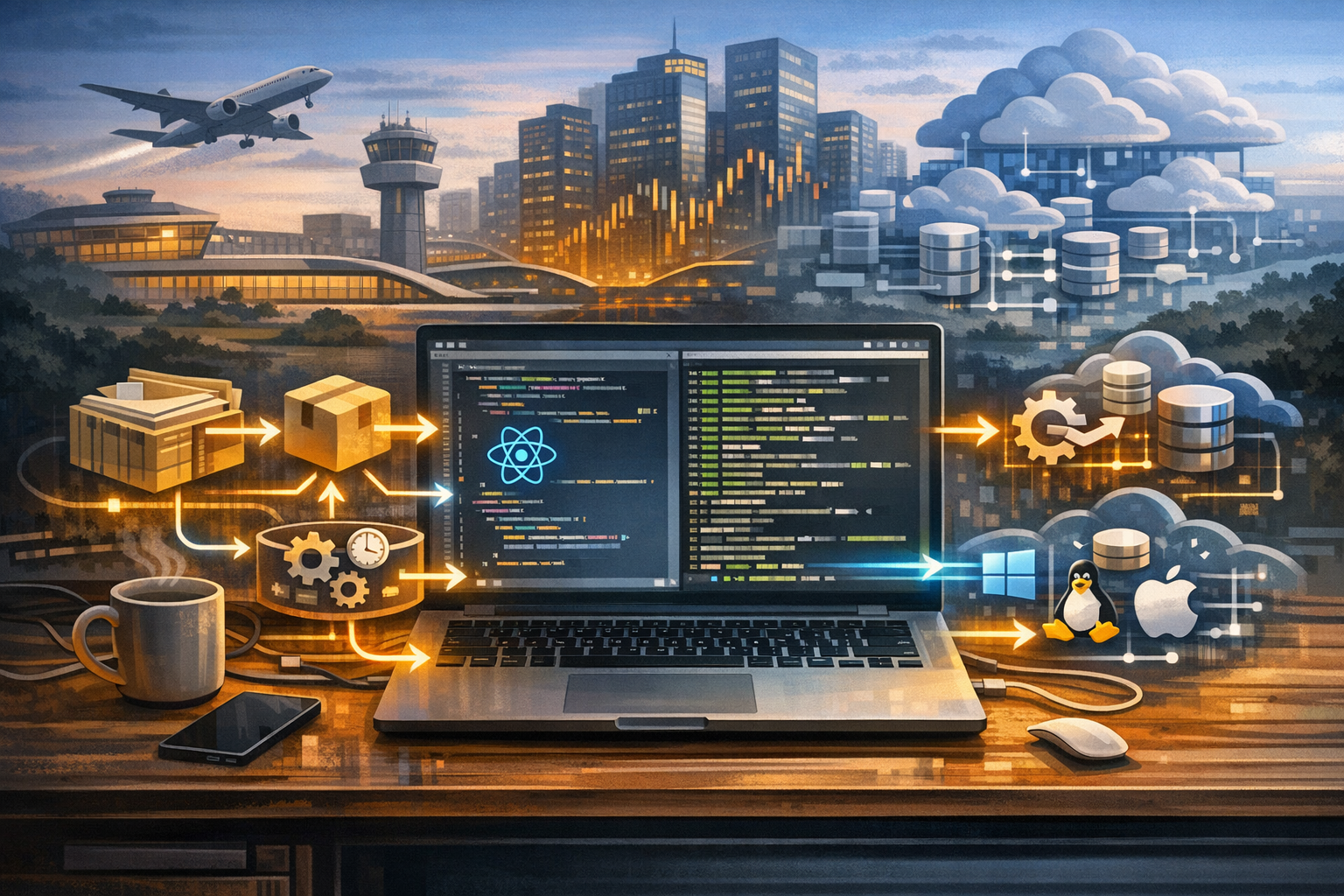Illustration of a trojanized Node.js coding assessment launching cross-platform backdoor persistence on developer workstations