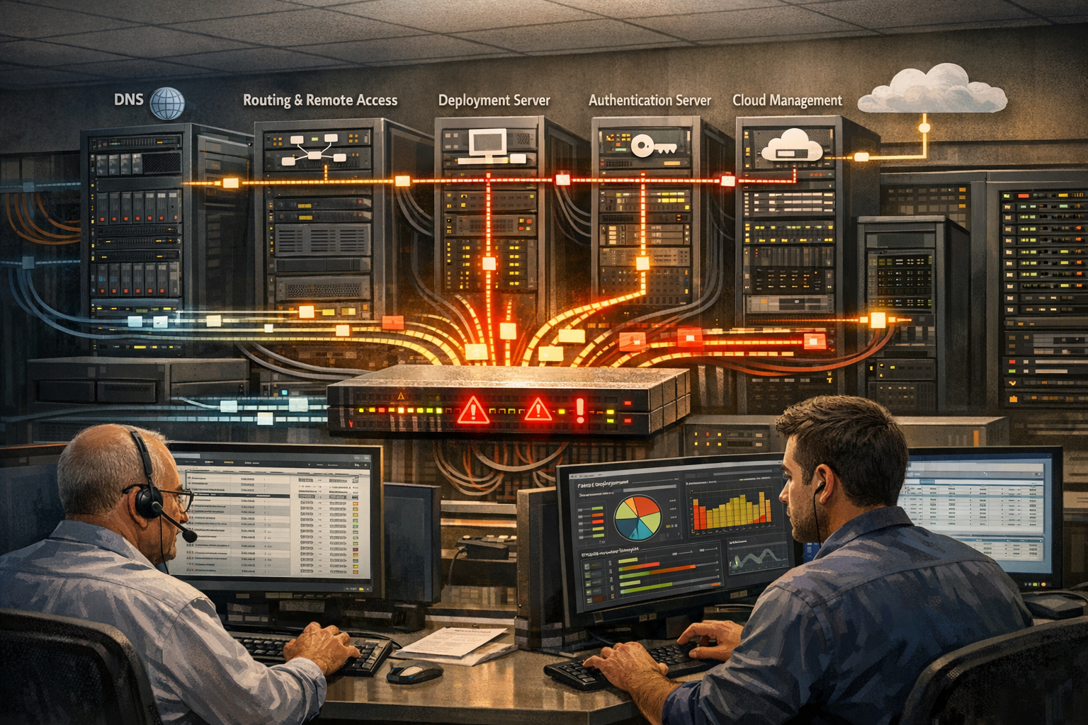 Security administrators reviewing Microsoft infrastructure patching and Snort network detection across segmented enterprise servers