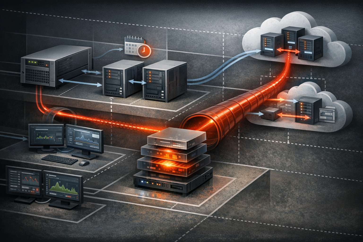 Illustration of GhostContainer activity moving from a Microsoft Exchange server through RDP tunnels toward an Active Directory environment