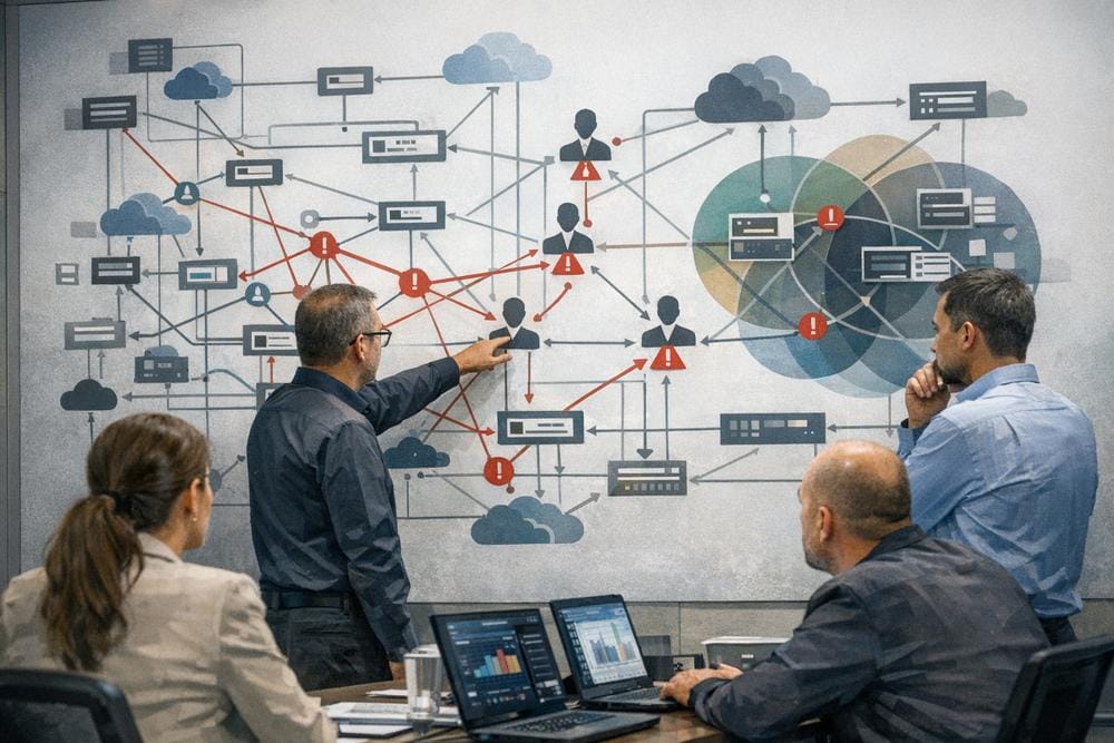 Security team reviewing enterprise security tools, privileged access paths, and governance controls