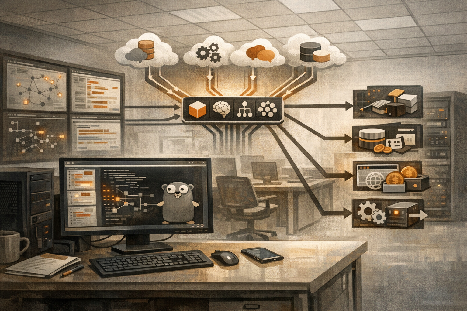 Technical illustration of a Windows malware implant using multiple AI model connections to automate credential theft, persistence, and webhook exfiltration