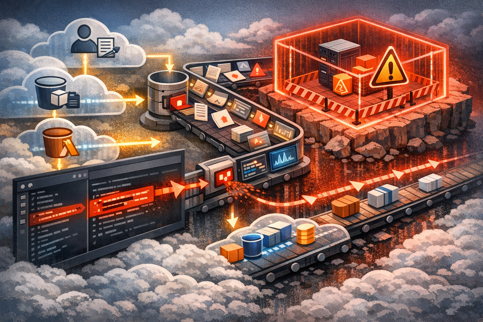 Illustration of an exposed AWS IAM credential being detected through repository scanning and contained with CloudTrail monitoring and a quarantine policy