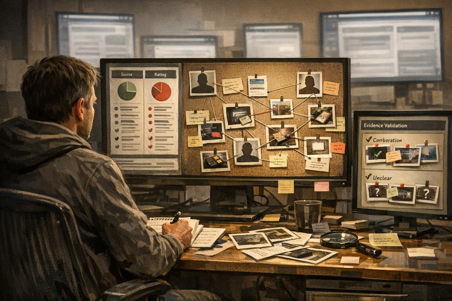 Threat-intelligence researcher comparing dark-web source information and corroborating evidence