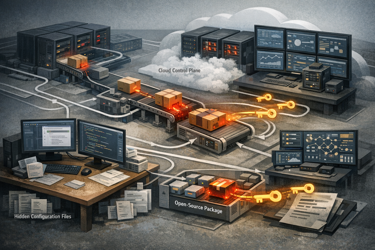 Illustration of an AI-assisted software supply-chain compromise spreading from a developer workspace into CI/CD and cloud infrastructure