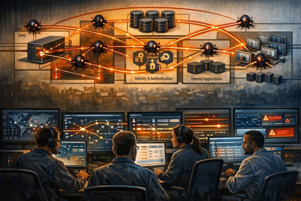 Illustration of autonomous AI agents probing an enterprise web application and internal network while defenders monitor identity, endpoint, DNS, and lateral traffic