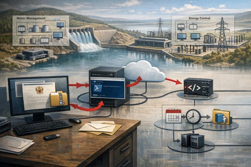 Illustration of UAT-6275 malware delivery through documents, PowerShell, archives, and persistence mechanisms targeting government, water-resource, and energy networks