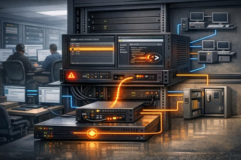 Illustration of a compromised remote support appliance routing hidden access to internal enterprise endpoints