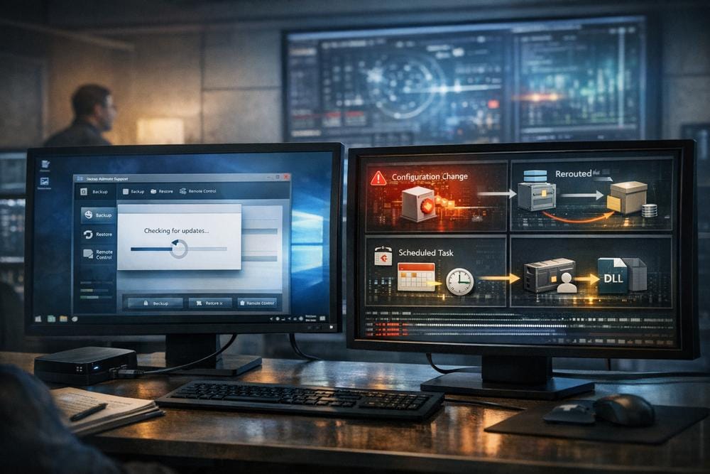 Illustration of a Windows software updater receiving a transient redirected package while endpoint monitoring tracks scheduled-task persistence and DLL sideloading