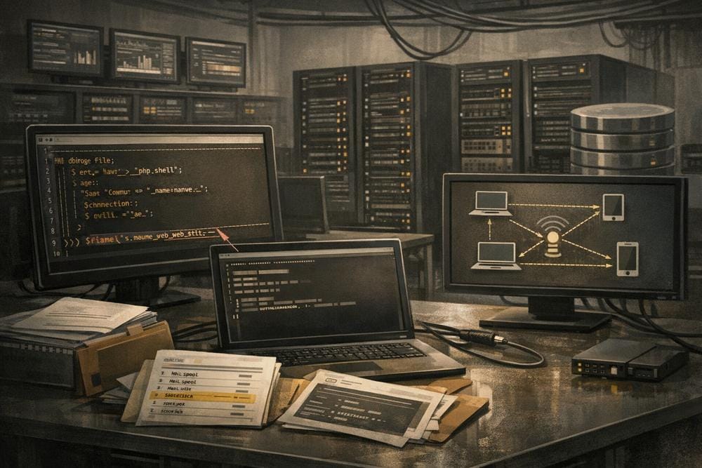 Illustration of compromised government Linux servers with PHP web-shell persistence, reverse-shell activity and malware telemetry