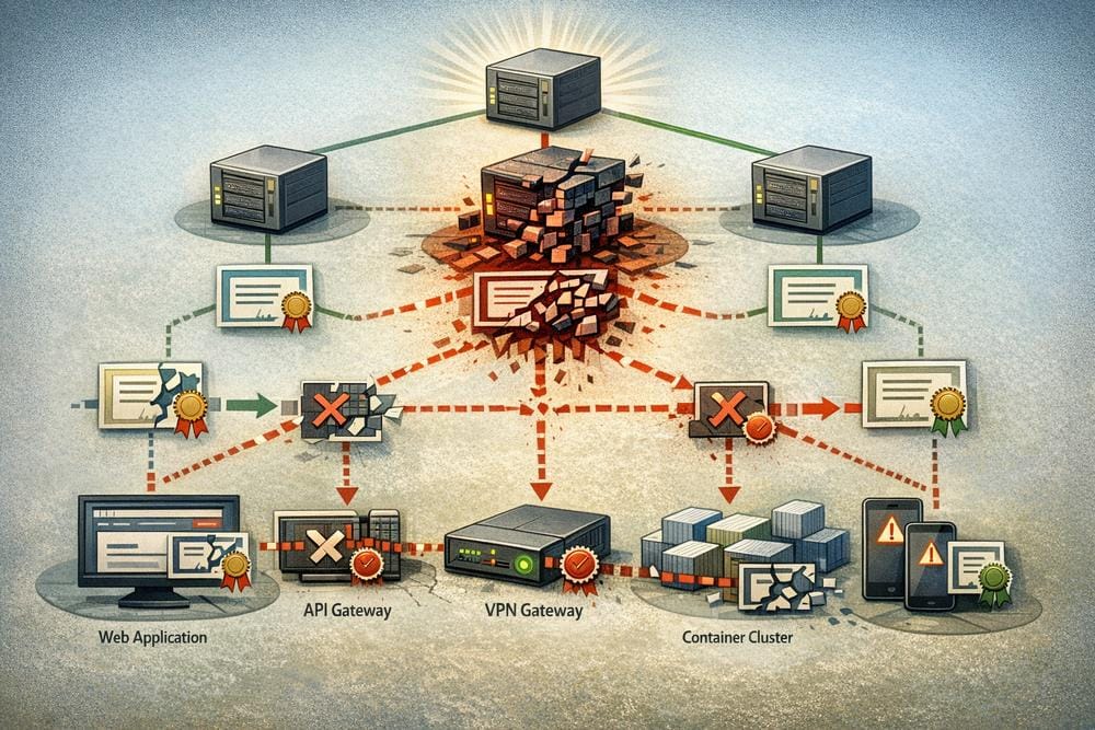 Illustration of an enterprise PKI hierarchy with a compromised intermediate CA and emergency certificate replacement across web, API, VPN, container and mobile systems