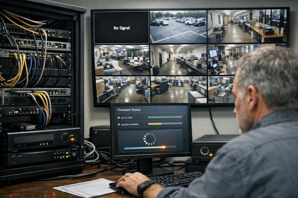 IP surveillance camera network with one camera offline during firmware remediation