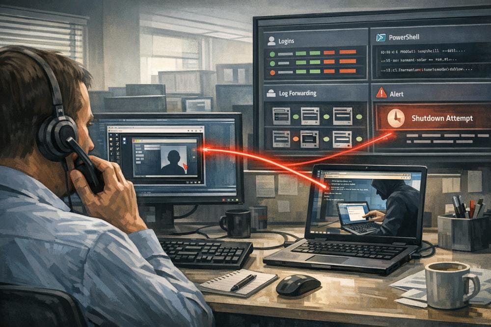 Illustration of a help-desk impersonation call leading to a suspicious remote-support session and endpoint security alert
