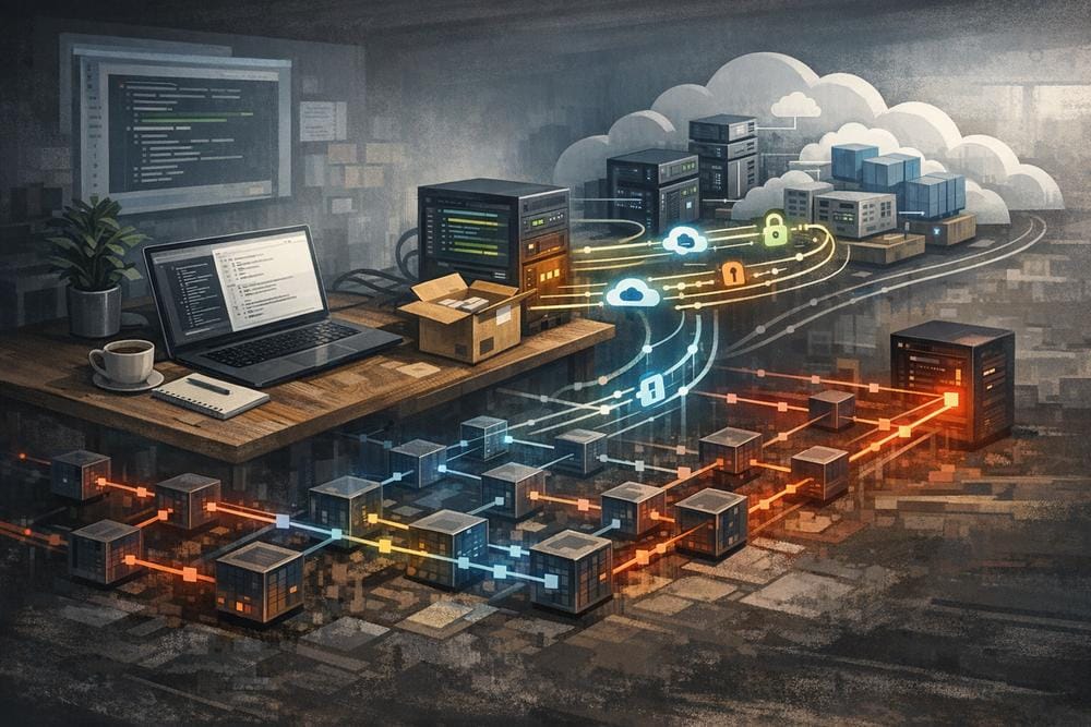 Illustration of a poisoned open-source package moving through a CI/CD runner while blockchain-based C2 connects the developer environment to cloud infrastructure