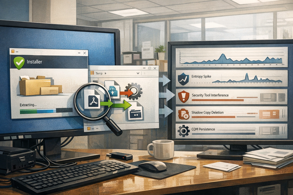Illustration of a signed fake software installer extracting a loader while endpoint analytics detects suspicious malware behavior