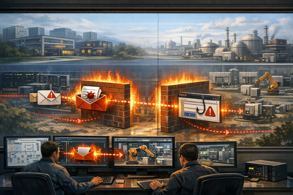 Industrial control system network with email and web threats stopped by segmented security monitoring