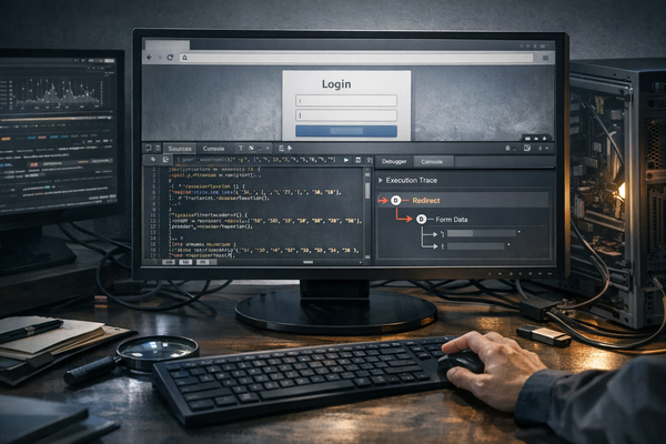 Security analyst examining obfuscated JavaScript from a phishing page in an isolated browser-analysis environment