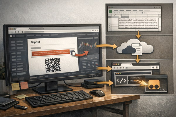 Illustration of a browser-based cryptocurrency skimmer using a cloud-hosted spreadsheet to replace deposit addresses