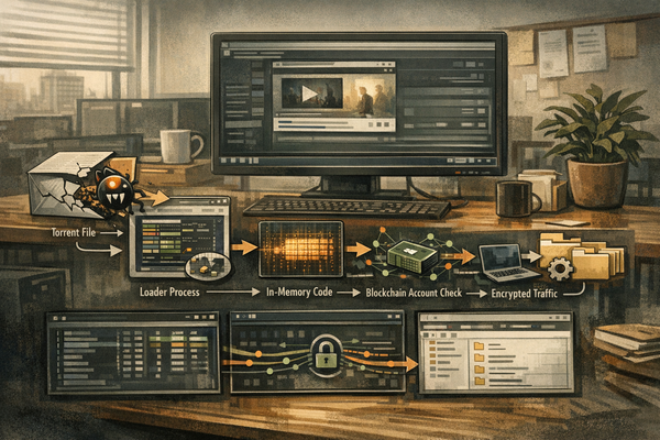 Illustration of MovieReaper moving from a malicious movie torrent through in-memory execution and a Solana-based C2 lookup on a Windows workstation