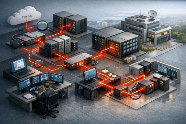 Illustration of a ransomware intrusion path through a Japanese manufacturing network from exposed VPN services to Active Directory and backup infrastructure