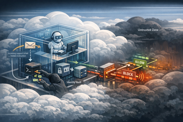 Illustration of an AI agent shell reaching shared runtime memory while outbound traffic and identity-vault access are monitored