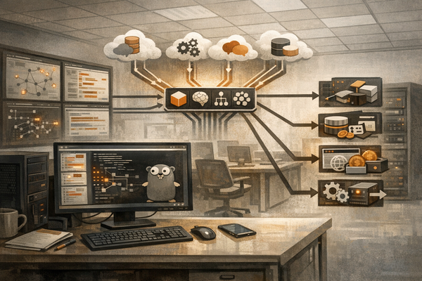Technical illustration of a Windows malware implant using multiple AI model connections to automate credential theft, persistence, and webhook exfiltration