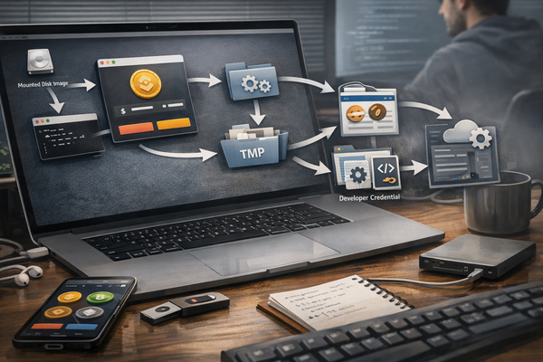 Illustration of a macOS developer workstation infected through a fake cryptocurrency wallet application, with loaders, data theft, and persistent backdoor activity