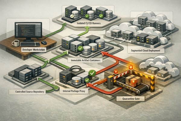 Illustration of a secured CI/CD pipeline with isolated runners, dependency quarantine, short-lived identities, and signed software artifacts