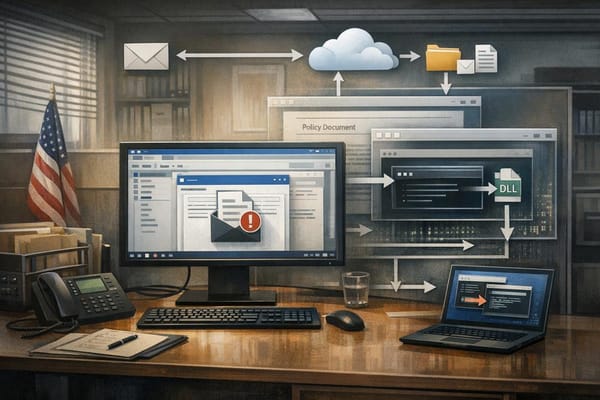 Illustration of a Windows workstation, cloud-hosted malware delivery chain and Microsoft 365 dead-drop command channel used by the Antino backdoor