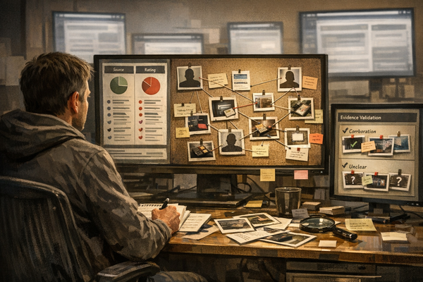 Threat-intelligence researcher comparing dark-web source information and corroborating evidence