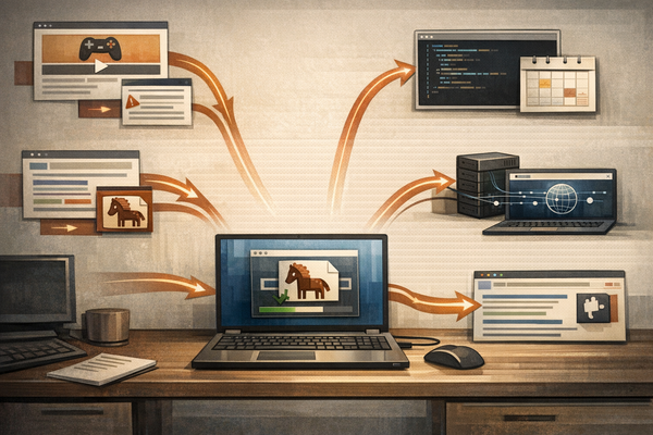 Technical illustration of a trojanized software download branching into remote access, tunneling and Chrome browser hijacking payloads