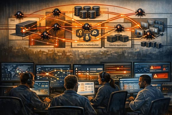 Illustration of autonomous AI agents probing an enterprise web application and internal network while defenders monitor identity, endpoint, DNS, and lateral traffic
