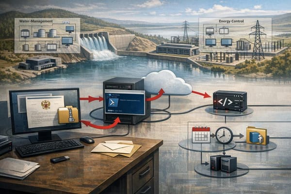 Illustration of UAT-6275 malware delivery through documents, PowerShell, archives, and persistence mechanisms targeting government, water-resource, and energy networks