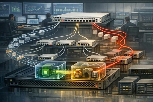 Technical illustration of a compromised FortiManager appliance reaching managed FortiGate firewalls through memory-resident process injection