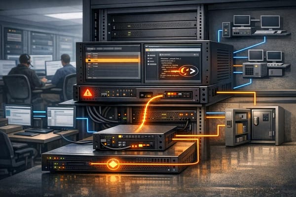Illustration of a compromised remote support appliance routing hidden access to internal enterprise endpoints
