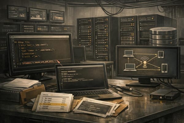Illustration of compromised government Linux servers with PHP web-shell persistence, reverse-shell activity and malware telemetry