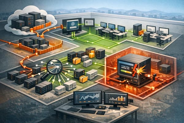 Illustration of a third-party gateway leading into a bank network where reconnaissance and an attempted management-server compromise are detected and contained