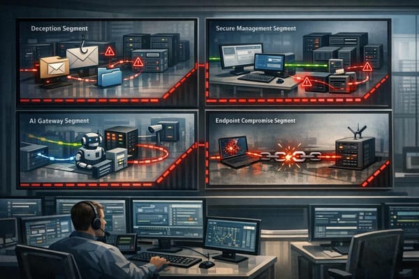 Illustration of enterprise defenses disrupting malware, remote-management abuse, AI-agent traffic, and command-and-control dependencies