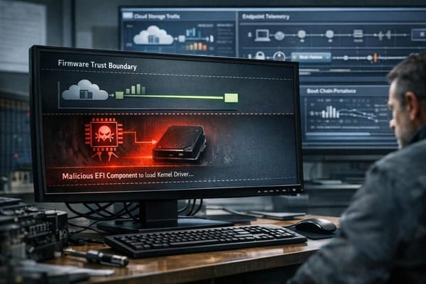 Conceptual illustration of a UEFI bootkit loading before Windows on a diplomatic organization workstation while defenders inspect Secure Boot and cloud-storage activity