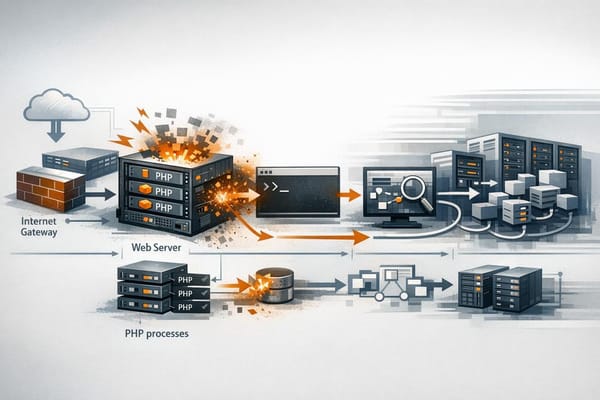 Illustration of PHP web servers being exploited and connected to an Active Directory environment
