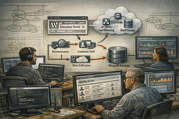 Illustration of an AI-assisted attack linking a university WordPress portal, cloud services, database exfiltration and VoIP fraud planning