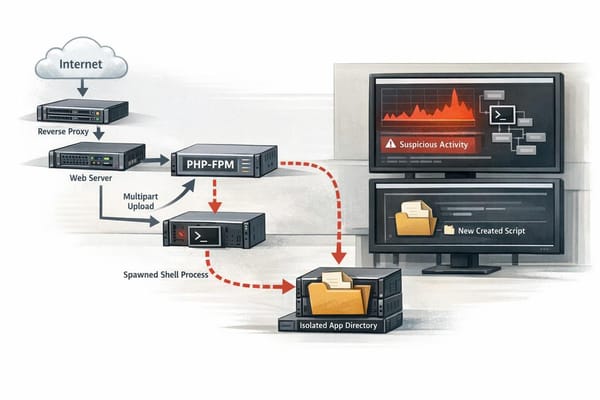 Illustration of a PHP web server and PHP-FPM process being monitored for suspicious shell execution and unexpected file creation