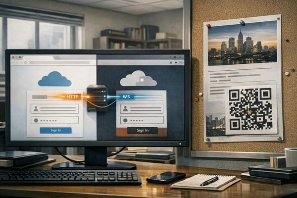 Illustration of an event invitation and altered QR poster leading to a real-time Google adversary-in-the-middle phishing relay