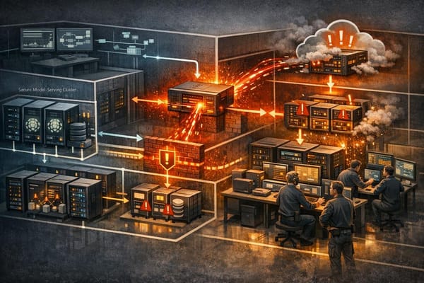 Enterprise AI infrastructure with an exposed inference gateway, orchestration services, and defensive network monitoring