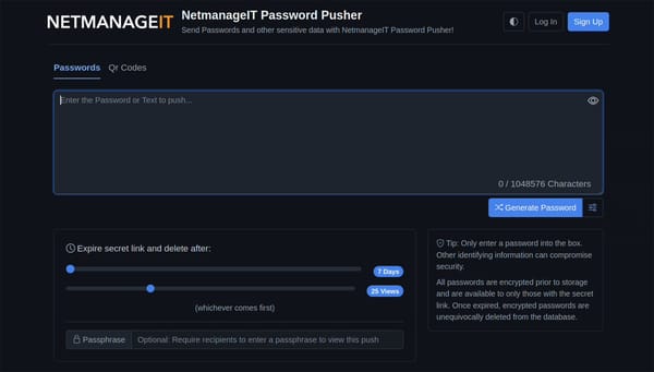NetmanageIT Password Pusher Site - https://push.netmanaget.com