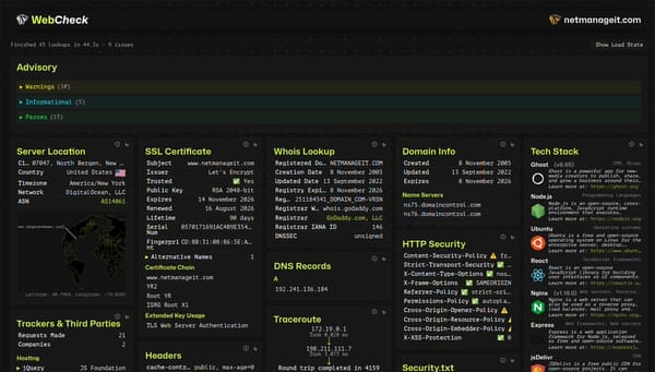 NetmanageIT WebCheck OSINT Analyzer - https://osint.netmanageit.com